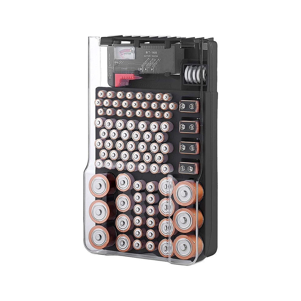 The Battery Storage Case,Organizer With Hinged Clear Cover, With Battery Tester, Holds 93 Batteries Various Sizes, Black 4851802967284