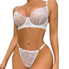 Women's Underwire Lace Push Up Bra Set with Thong Backless Deep Neck Lingerie in White, Size L