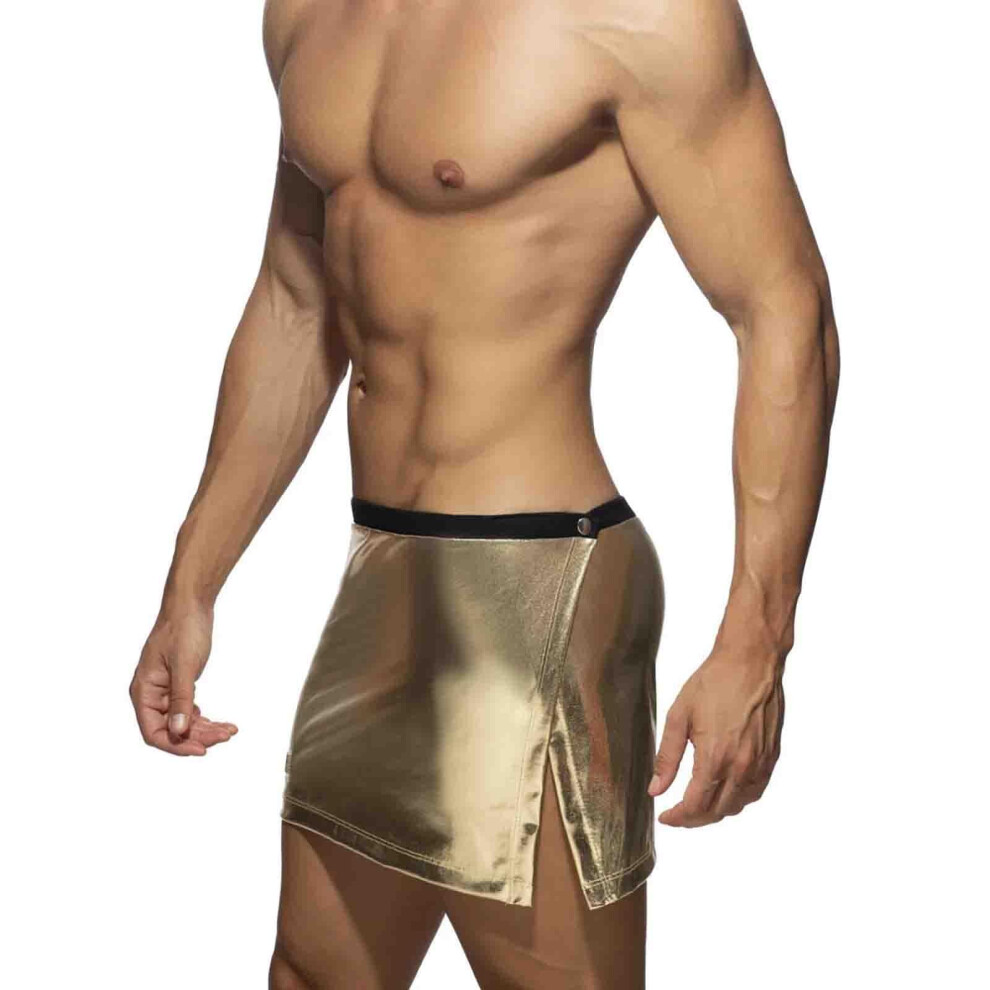 Men's Shiny Wetlook Patent Leather Mini Skirt Adjustable Press Stud Metallic Skirt Gold Clubwear Costume EinheitsgrÃ¶Ãe