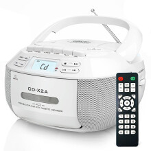 Portable CD Player with Bluetooth, Boombox Cassette Player, FM Radio, Remote Control, AUX/USB, LCD Screen, White
