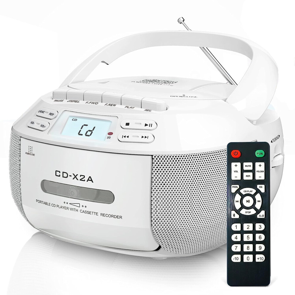 Portable Cd Player With Bluetooth, Boombox Cassette Player, Fm Radio, Remote Control, Aux/Usb, Lcd Screen, White 6482260015880