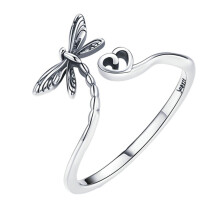 Dragonfly Ring in S925 Sterling Silver for Women, Minimalist Design, Heart Jewelry for Teen Girls, Adjustable Size