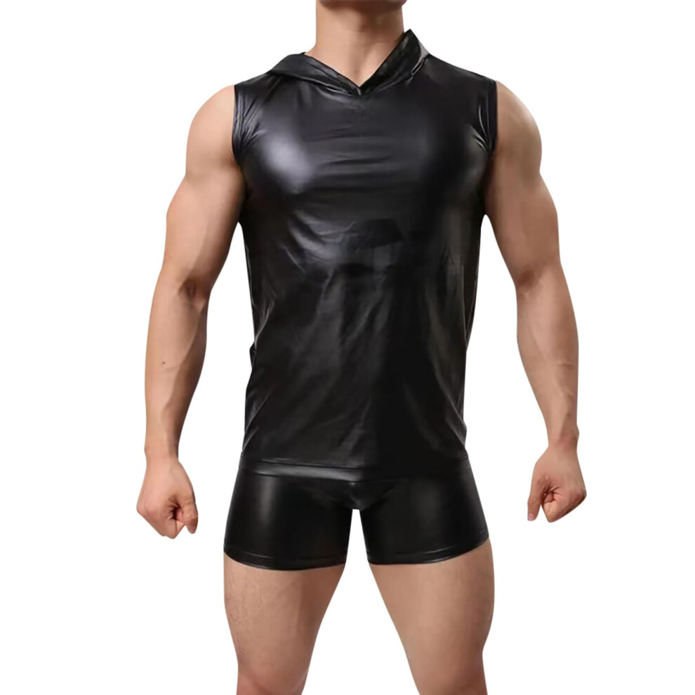 Black Sexy Underwear For Men, Latex Slim Fit Tank Top, 5XL Wet Look Undershirt, Leather Lingerie For Clubwear