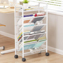 Mobile Bookshelf with Wheels, Compact Desk Storage, 6-Tier Metal Corner Display Rack, White Magazine Stand