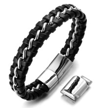 Children's Boy's Bracelet Handmade Genuine Leather Black Stainless Steel Magnetic Clasp Adjustable 18-19.5 cm