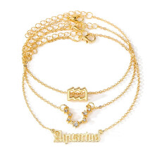 Men's Gold Plated Alloy Bracelet and Anklet Set with 12 Zodiac Signs, Multi-Layered, Diamond Accents, Rose Necklace (One Size)