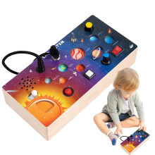 Activity Board for Kids, Wooden Solar System Sensory Board with LED Light Control, Interactive Learning Toy for Home and Travel