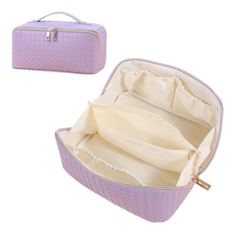 Cosmetic Bag PU Storage Bag Large Capacity Multifunctional Makeup Organizer Checked Embossed Geometric Print Lavender