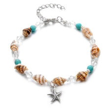 Shell Starfish Anklet with Turquoise Beads, Beach Jewelry for Women and Girls, M Size, Plastic Material, Sandal Style