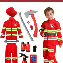 (?Red?, 4-5Y) 11pcs Kids Firefighter Set, Polyester, Party Style, Stand Collar, Stripes Pattern, Slight Stretch Fabric, Zipper Details
