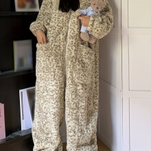 (Multicolor, 10) Cozy Thick Fleece Women's Winter Pajama Set - Hooded Leopard Print Onesie with Zipper, Long Sleeves & Fluffy Slippers