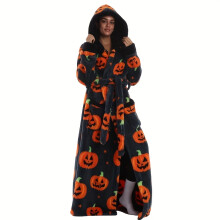 (Grey Pumpkin Hood, One-size) 1pc Extra Long Thick Coral Fleece Christmas Holiday Robe for Men & Women - Festive Skull & Pumpkin Print, Plush Soft Unisex Loungewear