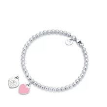 (Silver 4mm beaded pink heart-shaped bracelet with diamonds, 16cm) Classic T Family heart-shaped enamel bead 4mm bracelet, Ti Family Heart 18K rose gold diamond-encrusted round bead bracelet