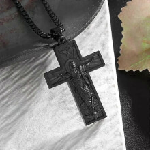 PARK (AL20842-Nero) Collana con ciondolo a croce di Gesù cristiano religioso, con preghiera cattolica