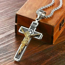 PARK(A14593-GoldSilver) Collana con ciondolo a croce di Gesù vintage, amuleto per uomo e donna, religiosa