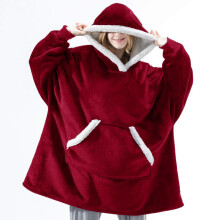 (WineRed) Oversized Hoodie Blanket Plush Giant Sweatshirt Adult Sleeves Kids Pocket