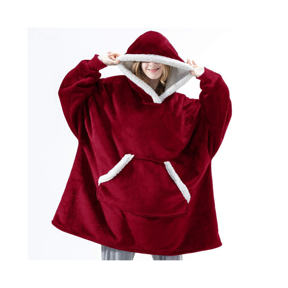 (WineRed) Oversized Hoodie Blanket Plush Giant Sweatshirt Adult Sleeves Kids Pocket