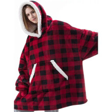 (Redandblack) Oversized Hoodie Blanket Plush Giant Sweatshirt Adult Sleeves Kids Pocket