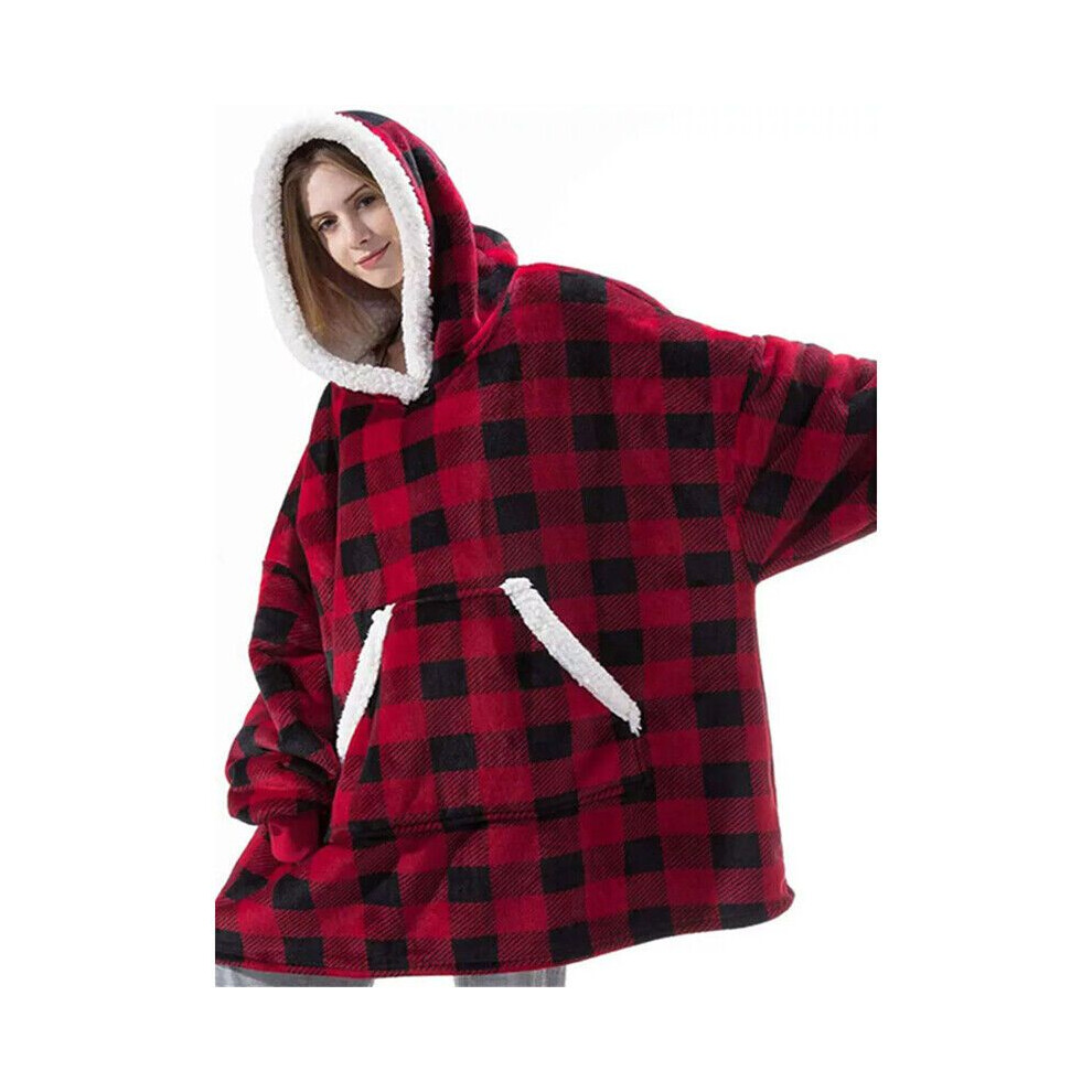 (Redandblack) Oversized Hoodie Blanket Plush Giant Sweatshirt Adult Sleeves Kids Pocket