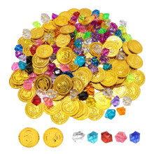 200 Gold Coins Pirate Treasure Hunt Set for Kids, Play Coins with 100 Gold Coins and Pirate Gemstones, Birthday Party Decorations