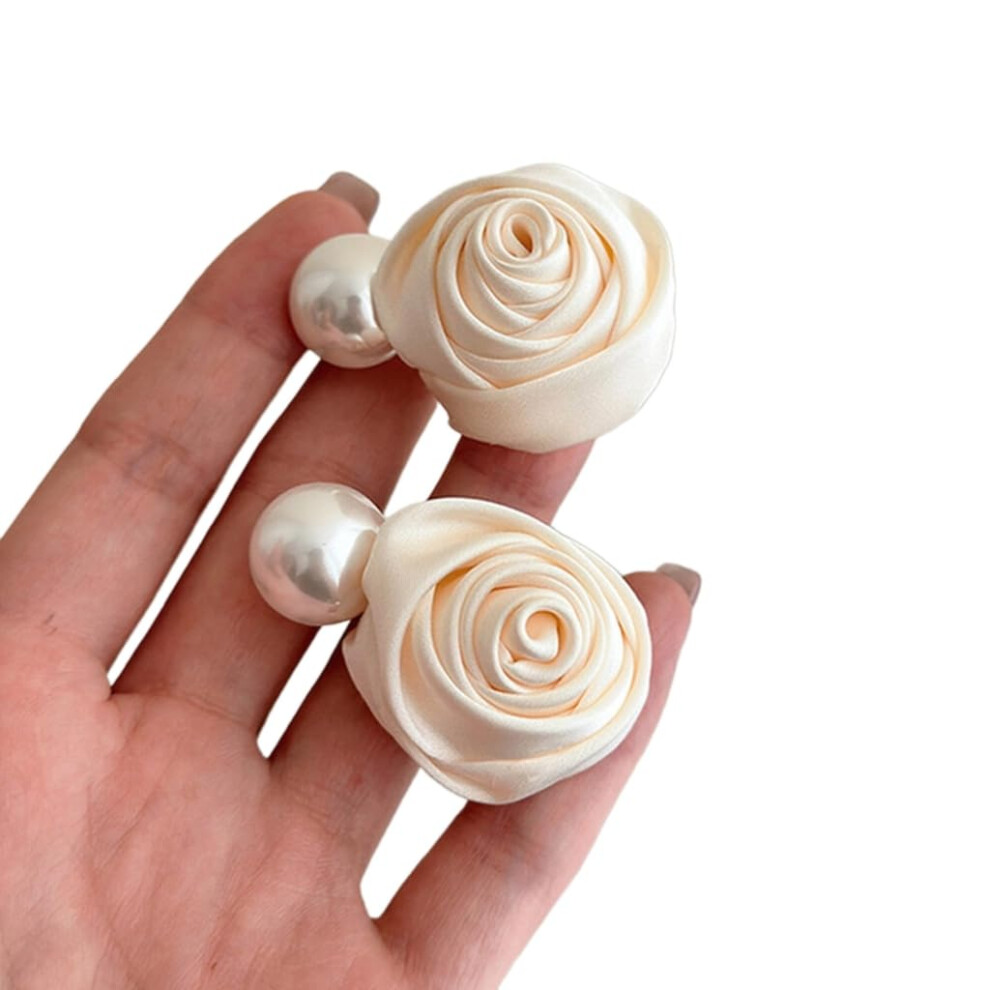 Fabric Hairpin Rose Flower Side Pearls Ponytail Hair Accessory Elegant White Hair Jewelry