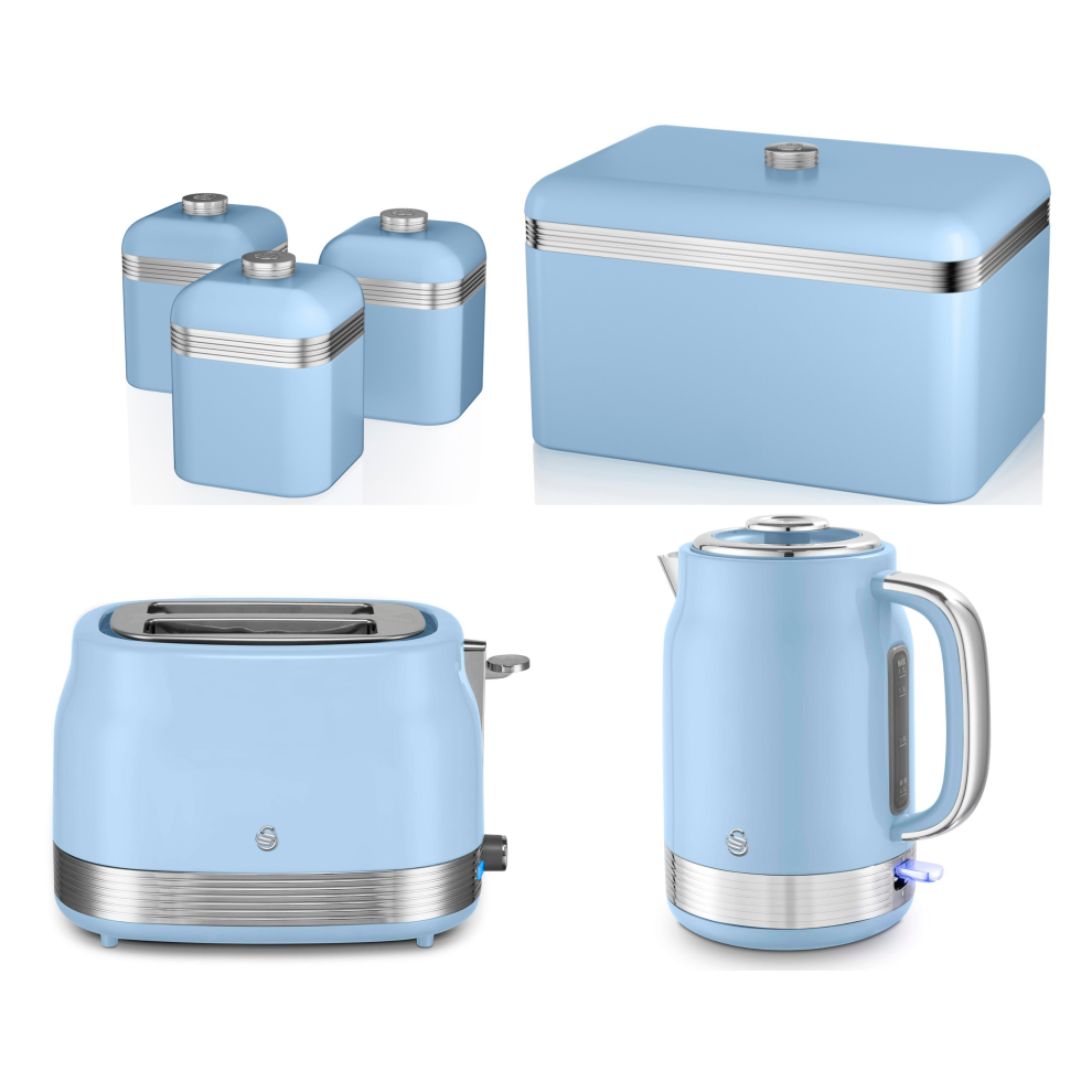 Swan Retro Revive Jug Kettle 2 Slice Toaster Breadbin & Canisters Blue