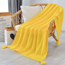 Tassel Knitted Blanket Large 127X180cm Solid Fringe Yellow Air Conditioning Travel Sofa Throw Scarf Blanket