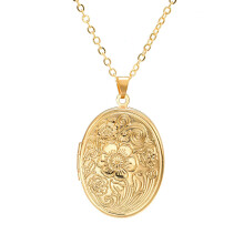 Vintage Engraved Flower Locket Photo Pendant Necklace Oval Heart Shape Gold Memory Jewelry 18 Inch Chain
