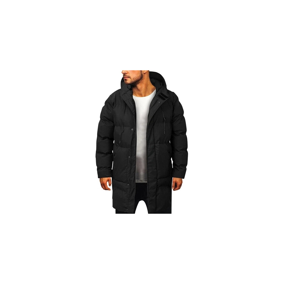 (Black, UK 2XL=Tag 3XL) Winter Mens Long Puffer Coat Hooded Thick Bubble Jacket Quilted Padded Overcoat