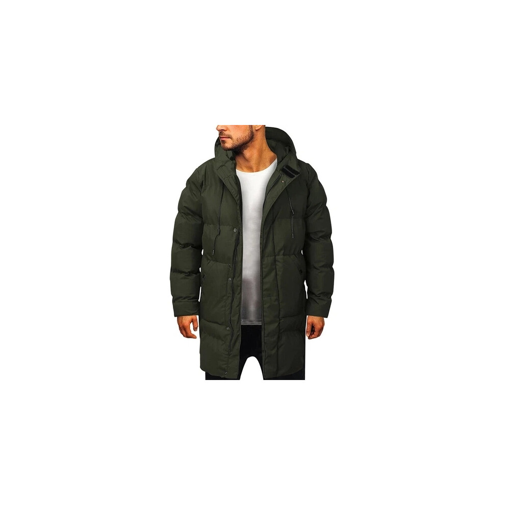 (Green, UK 3XL=Tag 4XL) Winter Mens Long Puffer Coat Hooded Thick Bubble Jacket Quilted Padded Overcoat