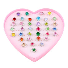 36 Girls' Rings Set - Adjustable Crystal Finger Rings for Kids with Heart Shape Box, Rhinestone Jewelry for Parties and Birthdays