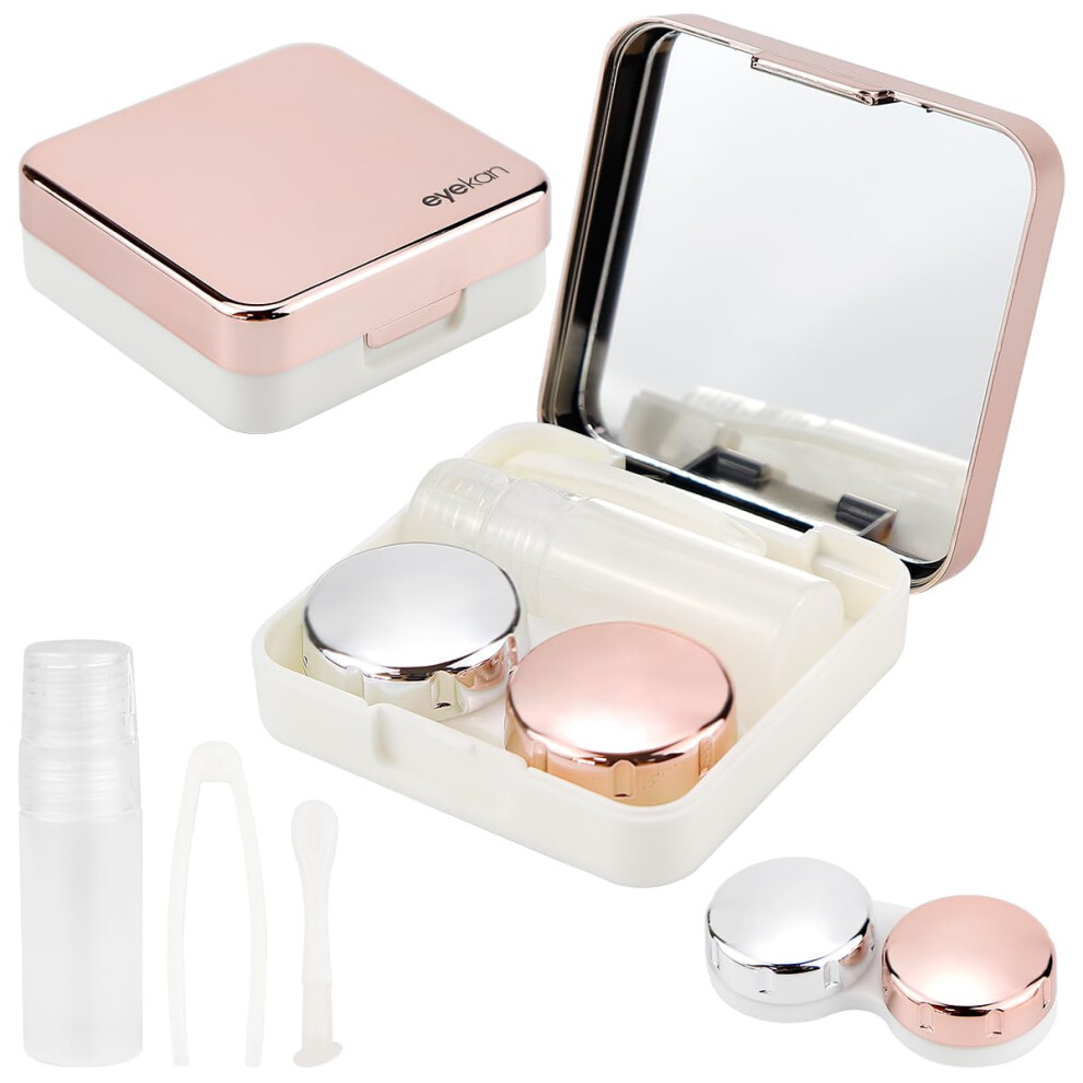 Contact Lens Case Set, 2-Piece Portable Storage Boxes with Mirror, Mini Rose Gold Contact Lenses Holder for Travel
