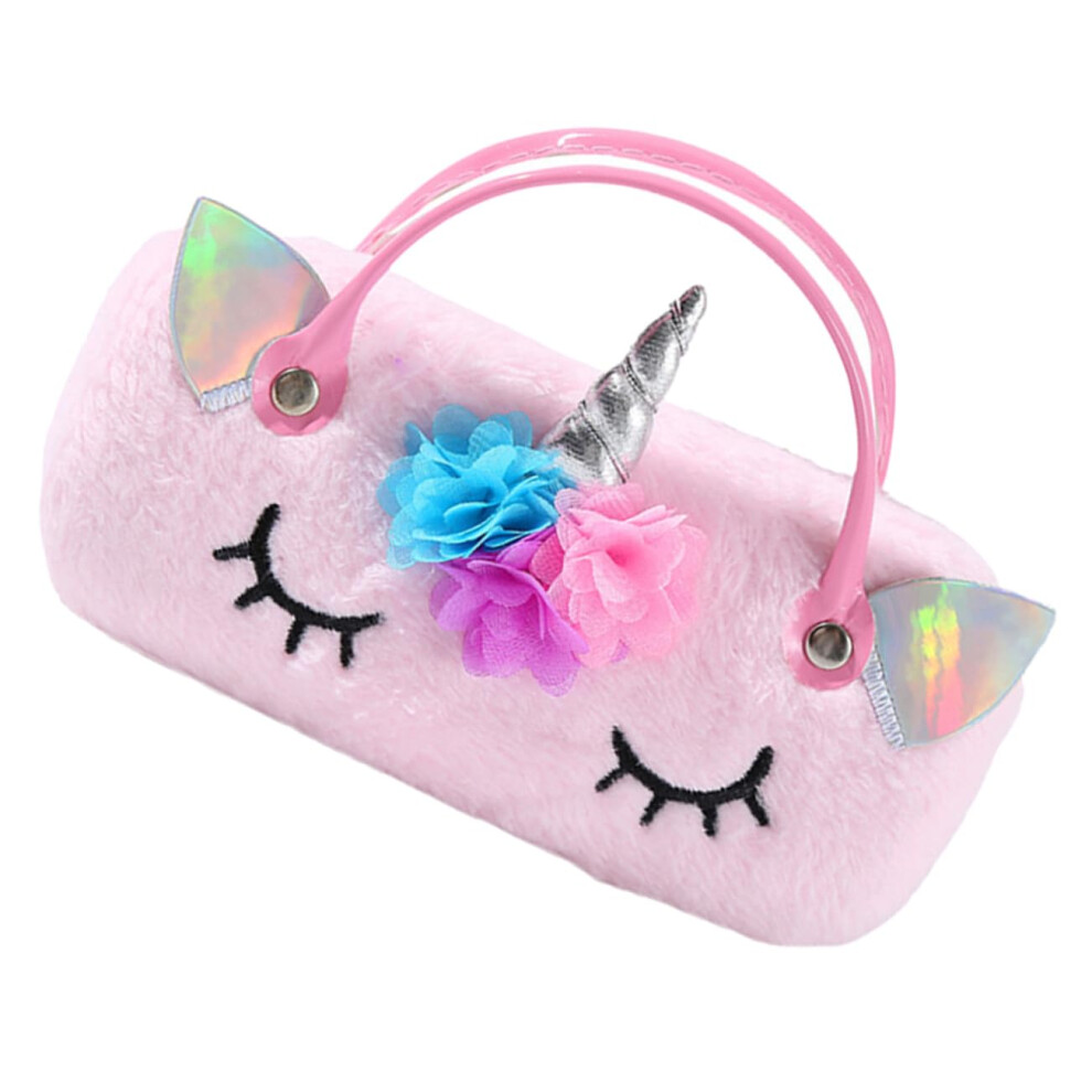 Portable Glasses Case for Children, Pink Plush Unicorn Organizer for Sunglasses and Shot Glasses, 18x8.5cm