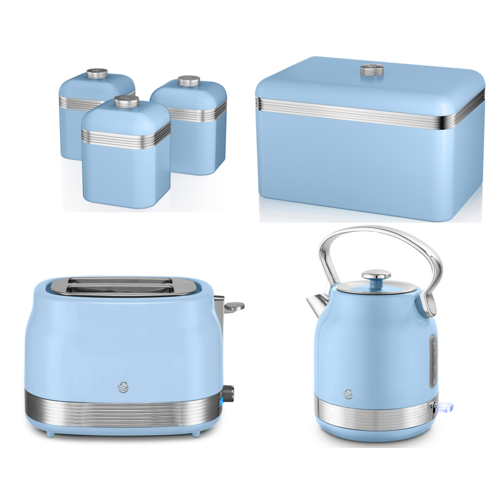 Swan Retro Revive Stovetop Kettle Toaster Breadbin Canisters Set Blue