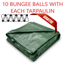 (2m x 4m) Heavy Duty Waterproof Green Tarpaulin Cover with Bungee Ball Ties, 90 GSM M-Grade, Outdoor Protection for Furniture, Firewood, Equipment