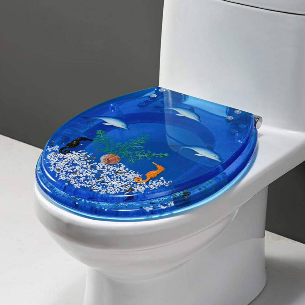Toilet Seat With Soft Close, Urea-Formaldehyde Resin, Compatible With U/V/O Shapes, Easy To Clean, Light Blue Dolphin Seahorse 6447073078651