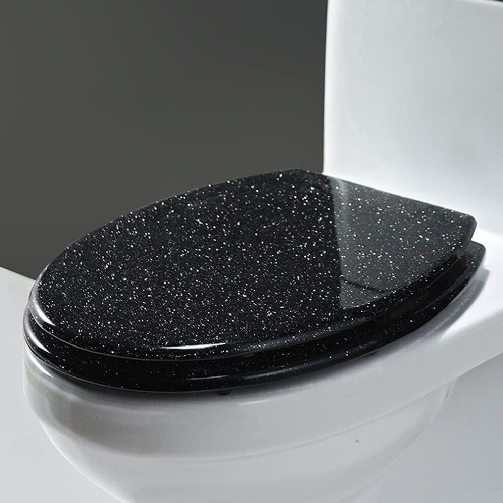 Glittering Oblong Toilet Seat With Non-Slip Bumpers, Soft-Close Lid, Easy Clean Black Toilet Bowl 6447073078729