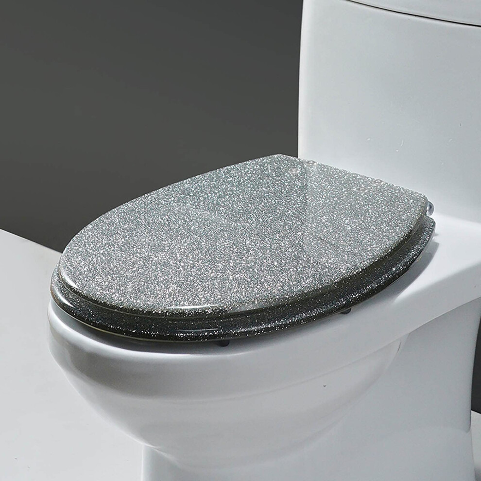 Glitter Finish Silver Soft Close Toilet Seat With Quick Release Adjustable Hinges For Easy Cleaning 6482260068749