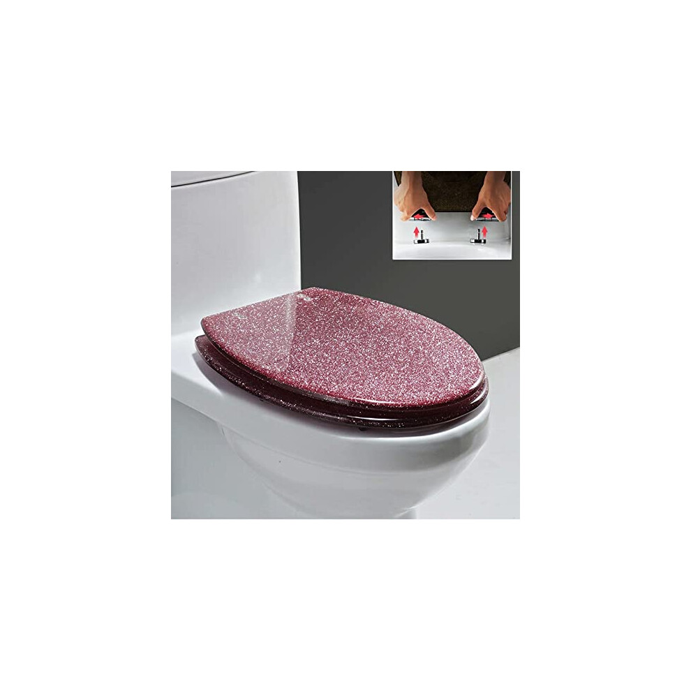 Soft Close Toilet Seat Glitter Resin With Lid, Quick Release Metal Hinge, Heavy Duty Roze, 18X14 Inches 6038364706522