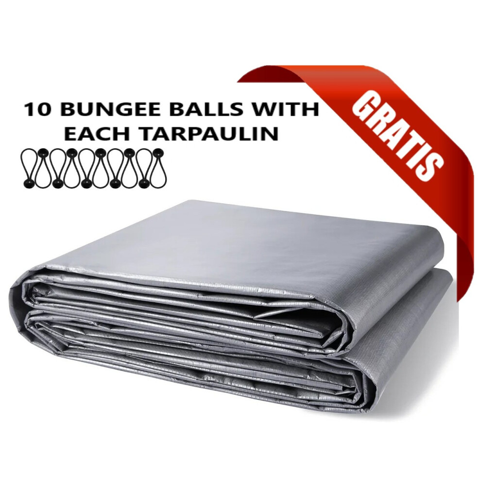 (5m x 8m) Heavy Duty Grey L-Grade Tarpaulin Cover with 10 Black Bungee Ball Tie Downs, 4-Inch Elastic Cord Fasteners for Outdoor Storage-image-OPC-PK2PFD2-NEW