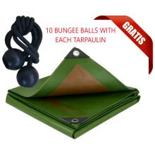 (3m x 3m) Heavy-Duty Waterproof Tarp Cover, Green, Brown, L-Grade PVC, with 10 Black Bungee Ball Cords, for Outdoor Protection, Trailer, Car, Furniture