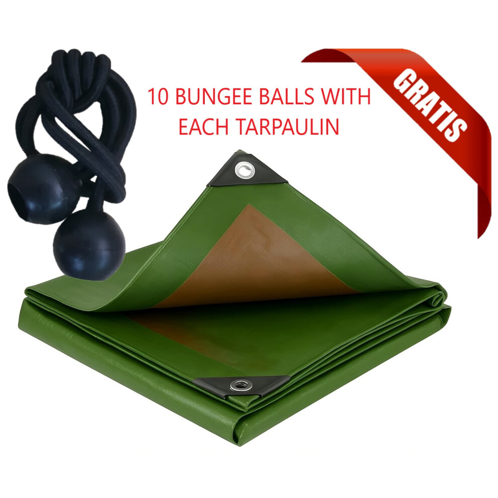 (6m x 10m) Heavy-Duty Waterproof Tarp Cover, Green, Brown, L-Grade PVC, with 10 Black Bungee Ball Cords, for Outdoor Protection, Trailer, Car, Furnitu-image-OPC-PK2PFQV-NEW