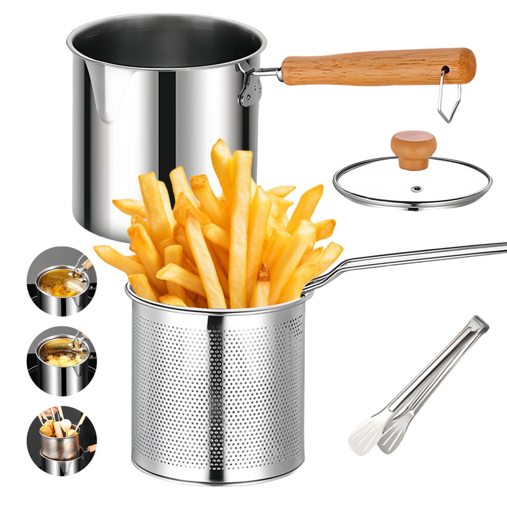 Deep Frying Pot with Strainer and Frying Basket, Stainless Steel Grease Container for Bacon Fat, 13 x 12.5 cm
