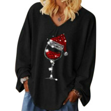 (Black, 2XL) Wine Womens Christmas Glass Tee Tshirt Vneck Long Sleeve Tops Blouse Pullover