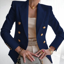 (Blue, M) Womens Blazer Doublebreasted Coat Long Sleeve Lapel Formal Slim Outwear Jacket