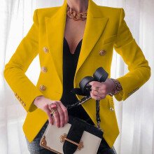 (Yellow, L) Womens Blazer Doublebreasted Coat Long Sleeve Lapel Formal Slim Outwear Jacket