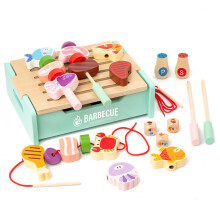 (Blue) Wooden Grill Barbecue Toy With Educational Pretend Cooking Features For Kids