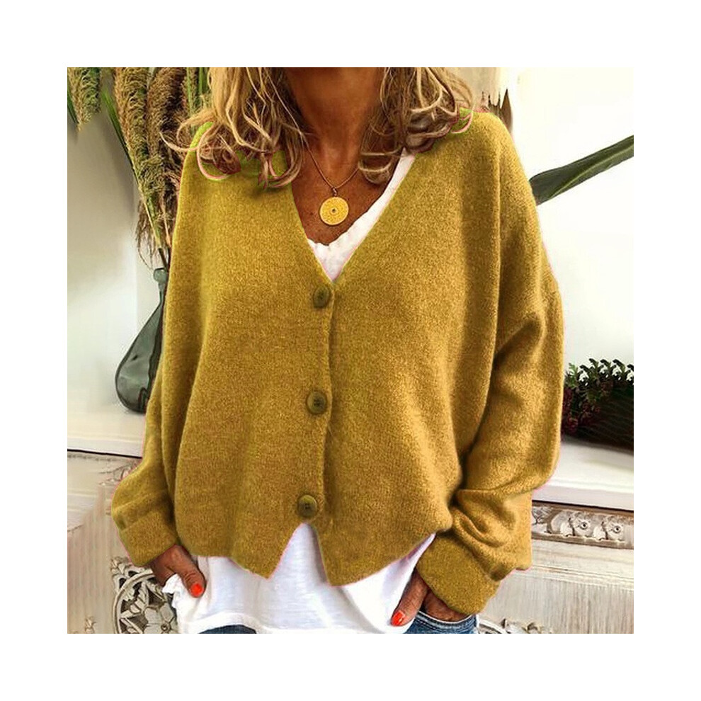 (Yellow, L) Womens Knitted Plain Coat Cardigan Ladies Button Loose Jumpers Sweater Size Plus-image-OPC-PK2RWP8-NEW