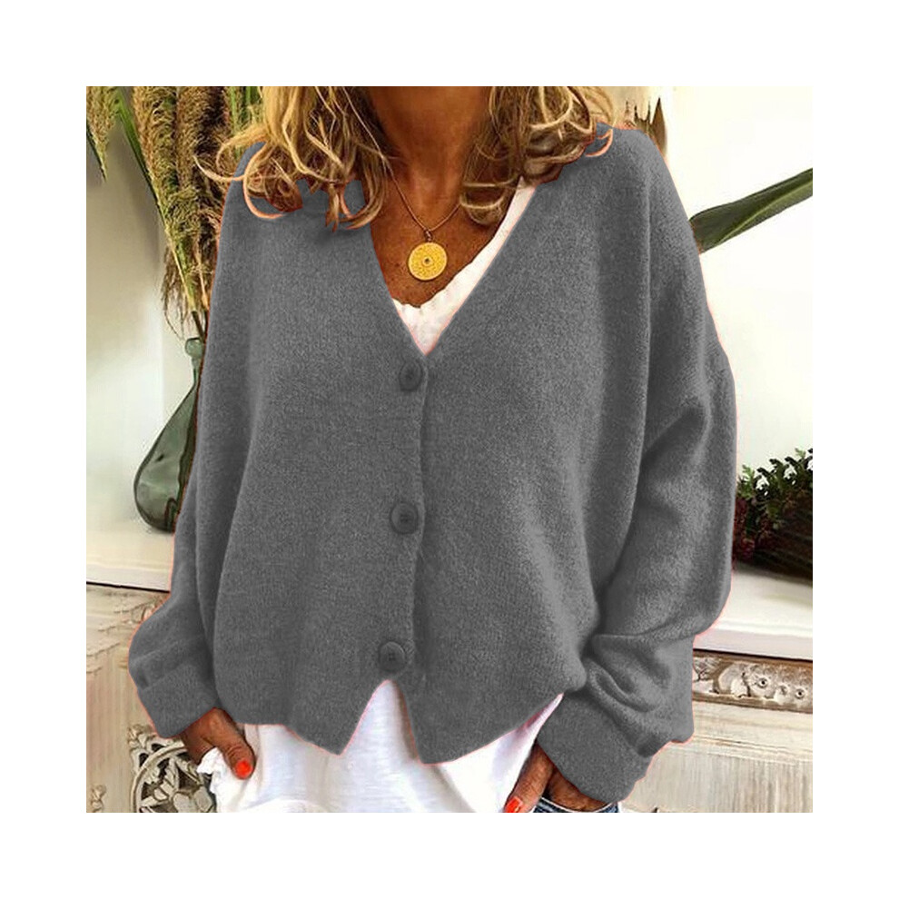 (Gray, M) Womens Knitted Plain Coat Cardigan Ladies Button Loose Jumpers Sweater Size Plus-image-OPC-PK2RWPZ-NEW