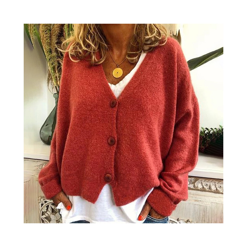 (Orange Red, L) Womens Knitted Plain Coat Cardigan Ladies Button Loose Jumpers Sweater Size Plus-image-OPC-PK2RWQR-NEW